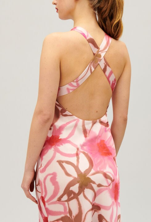 Long printed satin-effect dress
