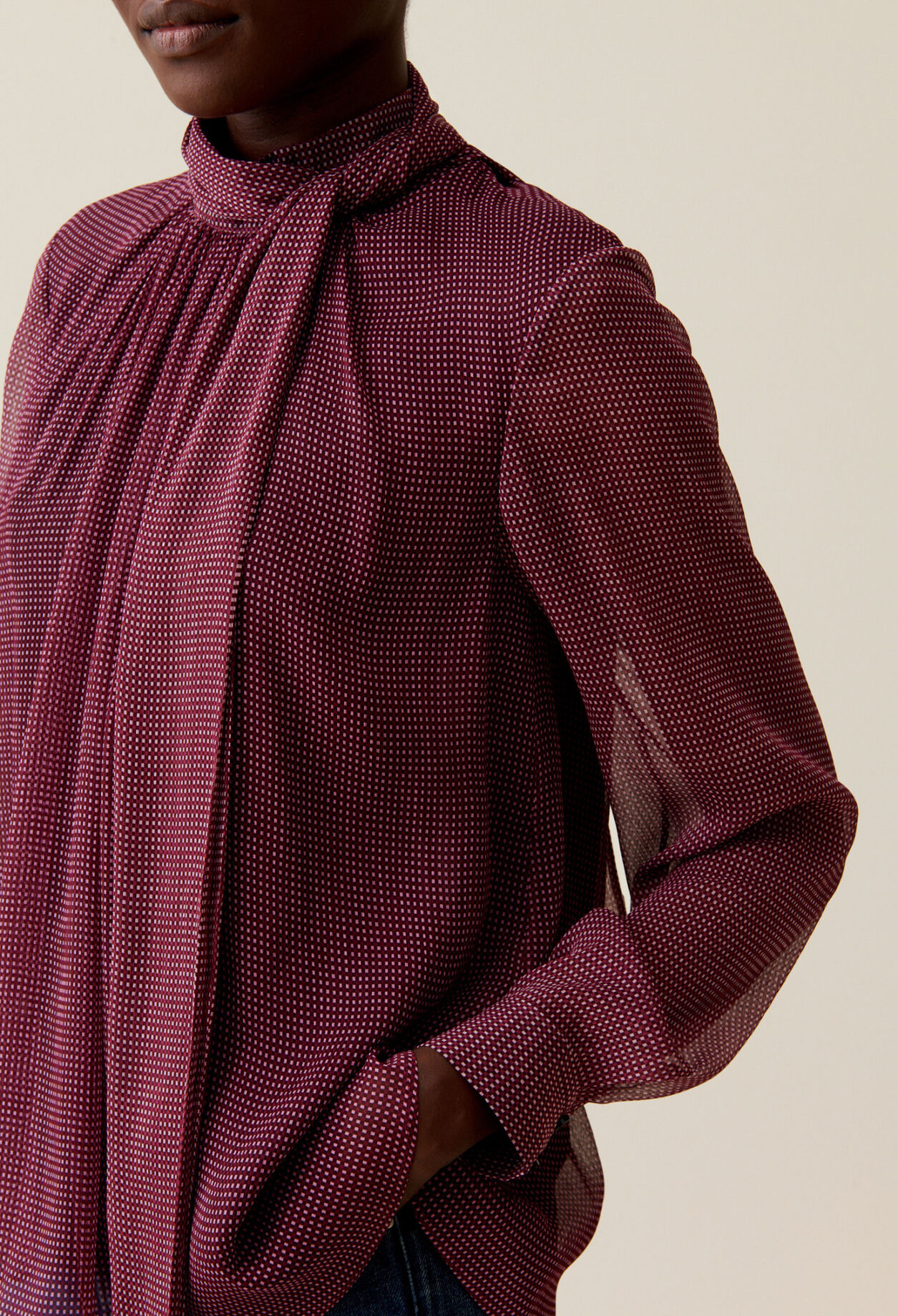 Fluid Check Tie-Neck Blouse