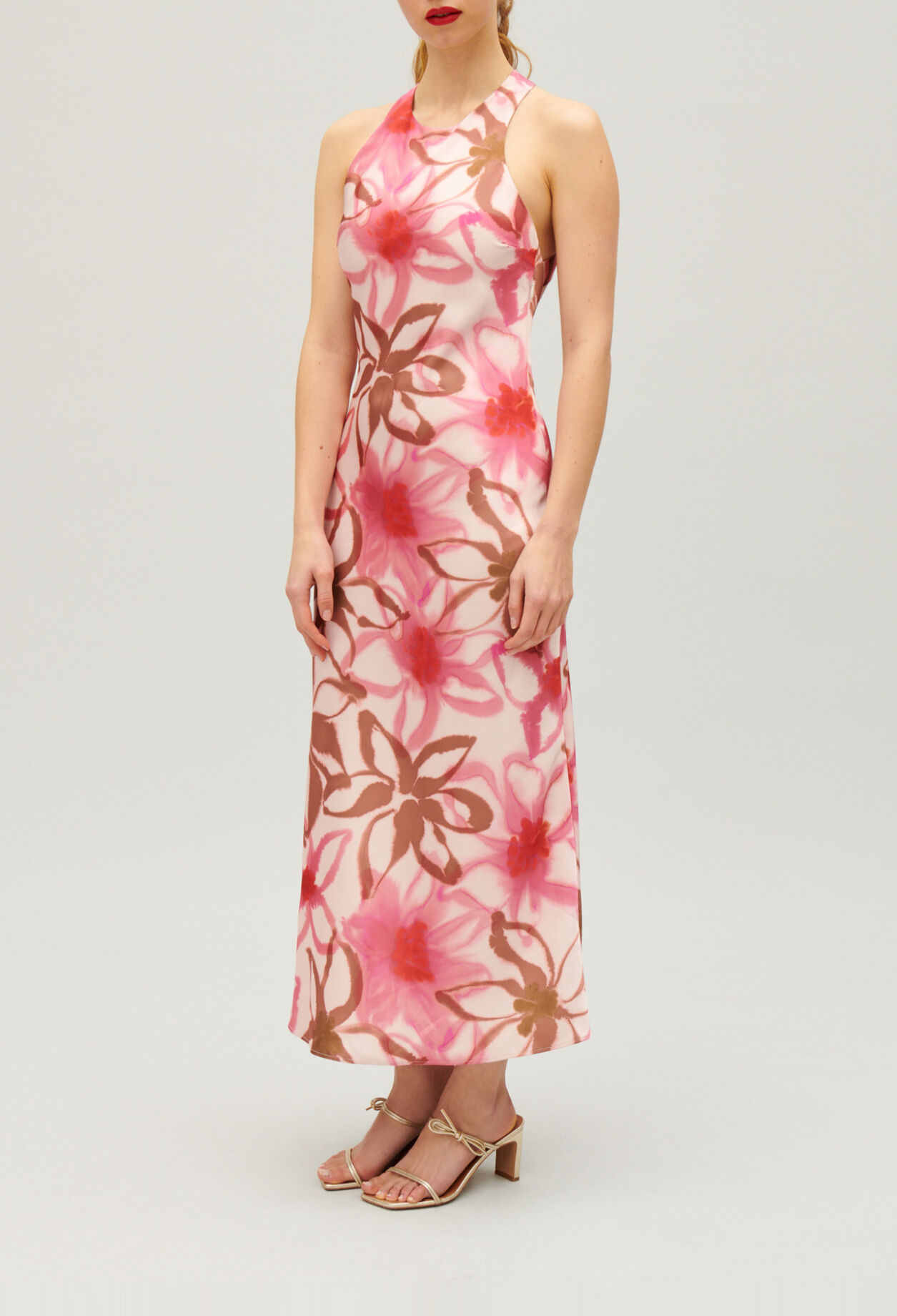 Long printed satin-effect dress