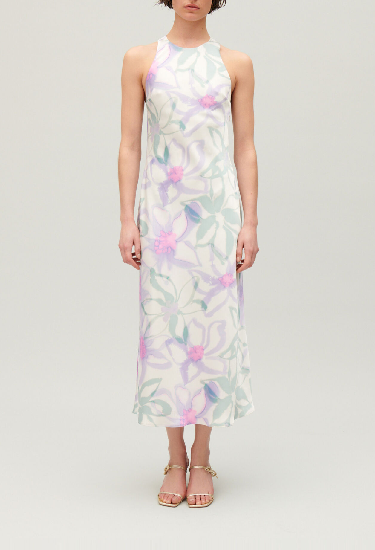 Long printed satin-effect dress