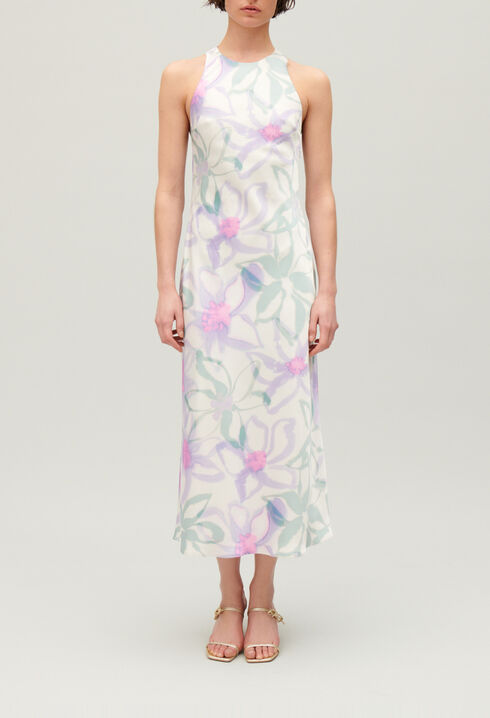 Long printed satin-effect dress