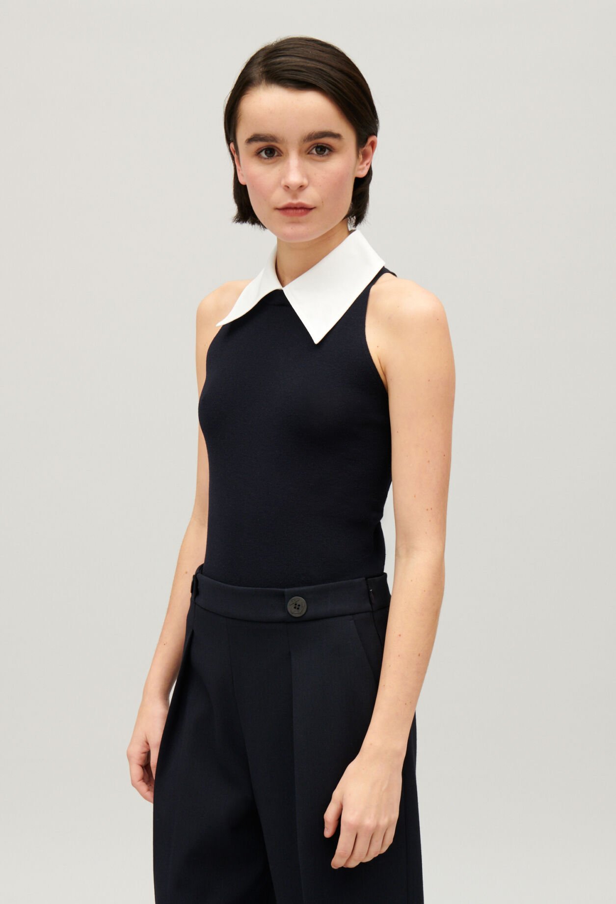 Navy vest top with shirt collar