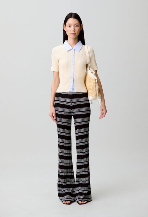 Striped bi-material cardigan