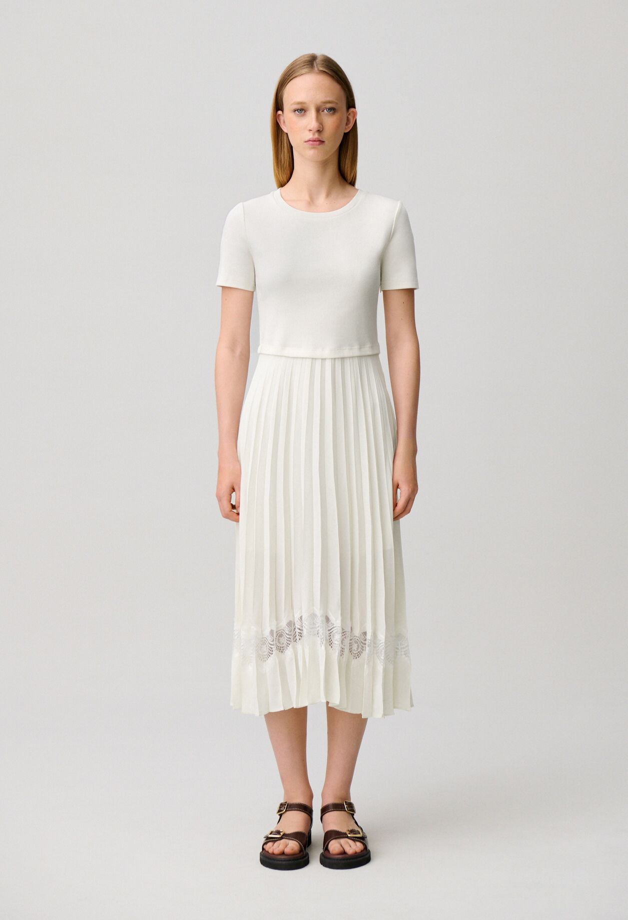 Twist ivory bi-material midi dress for women | Claudie Pierlot