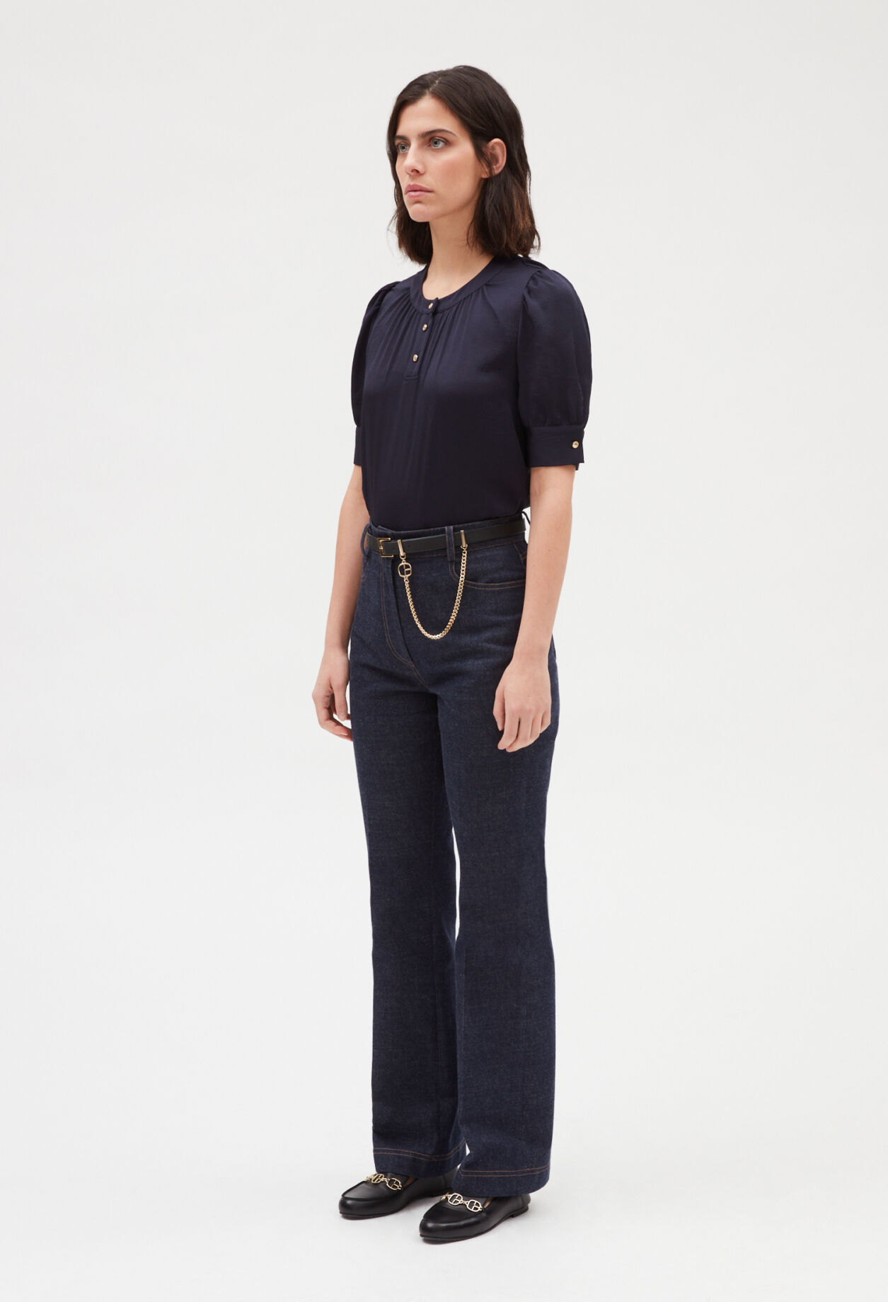 Navy blue short-sleeved blouse