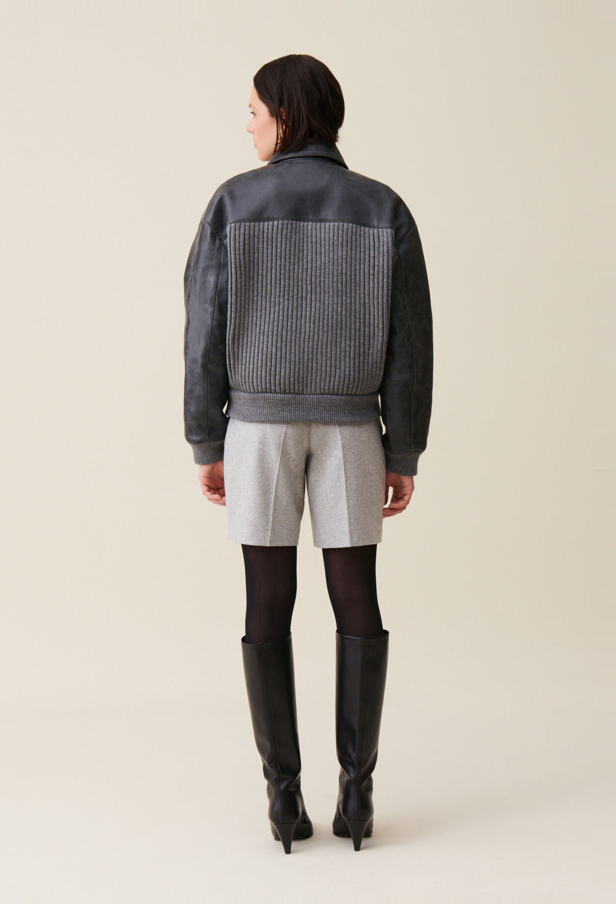 Grey mixed-material leather bomber