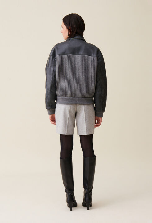 Grey mixed-material leather bomber