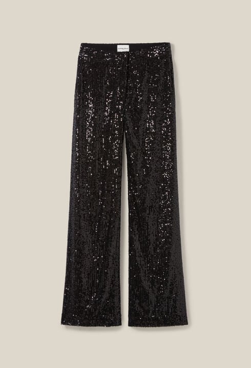 Straight-leg black sequin trousers