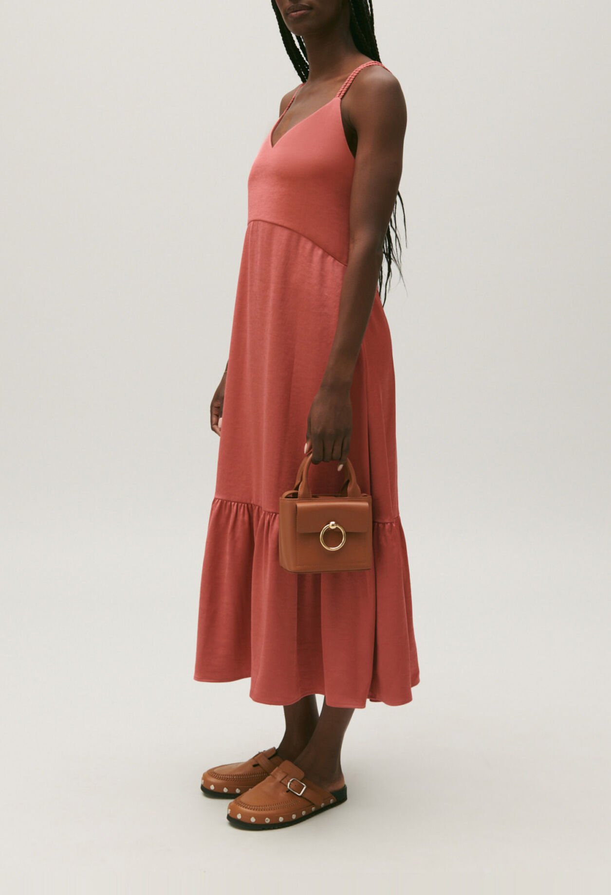 Terracotta satin midi dress