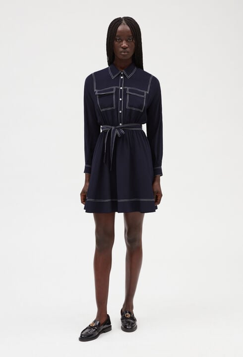 Blue silk long-sleeved short dress