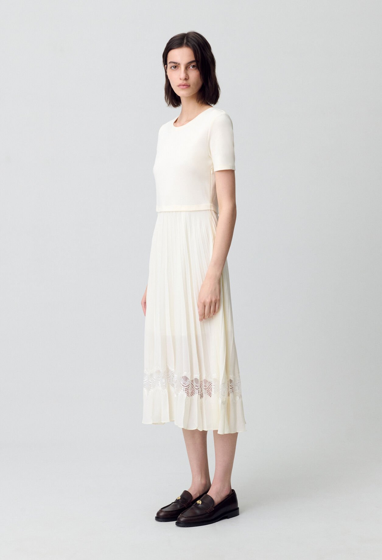 Twist ivory bi-material midi dress 