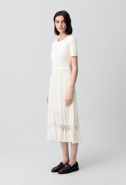 Twist ivory bi-material midi dress 