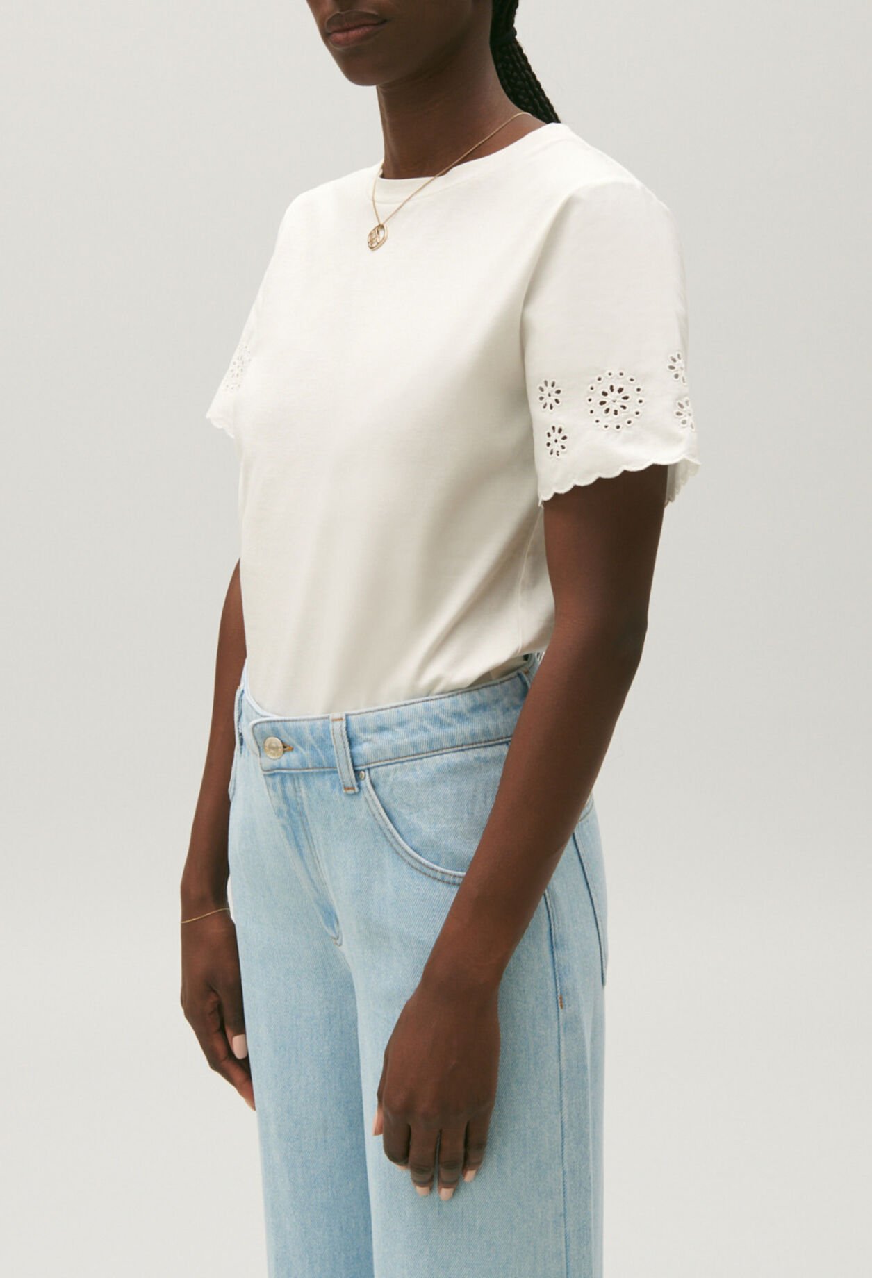 Ecru cotton broderie anglaise T-shirt