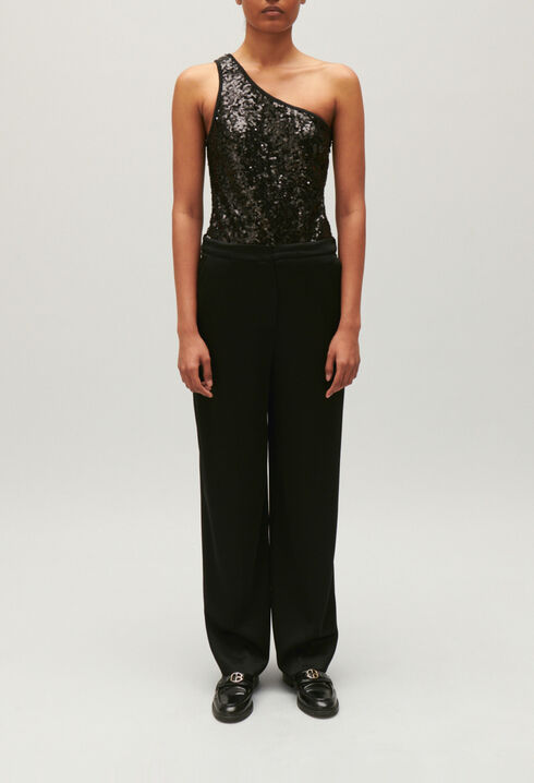 Black asymmetric bodysuit with sequins