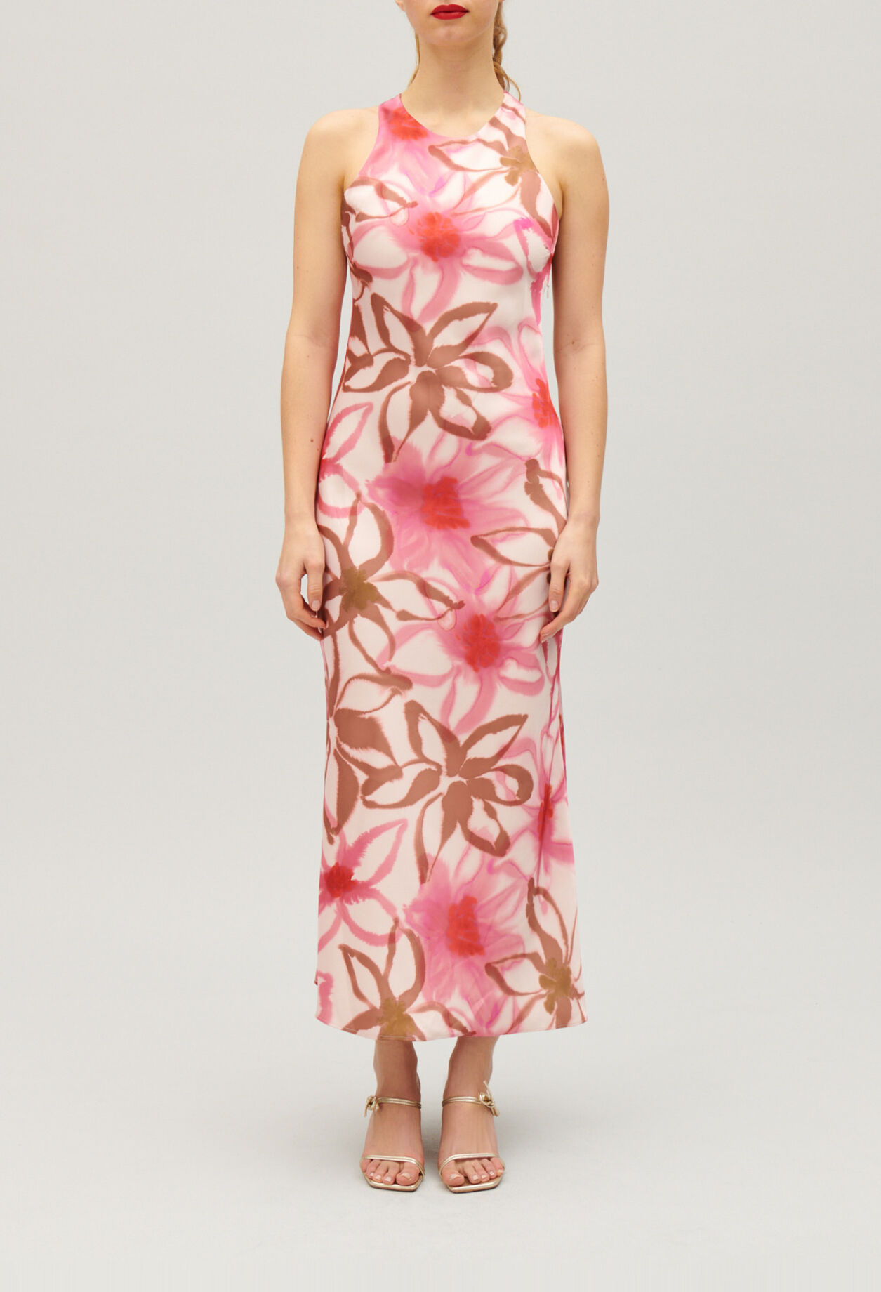 Long printed satin-effect dress