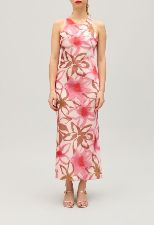 Long printed satin-effect dress