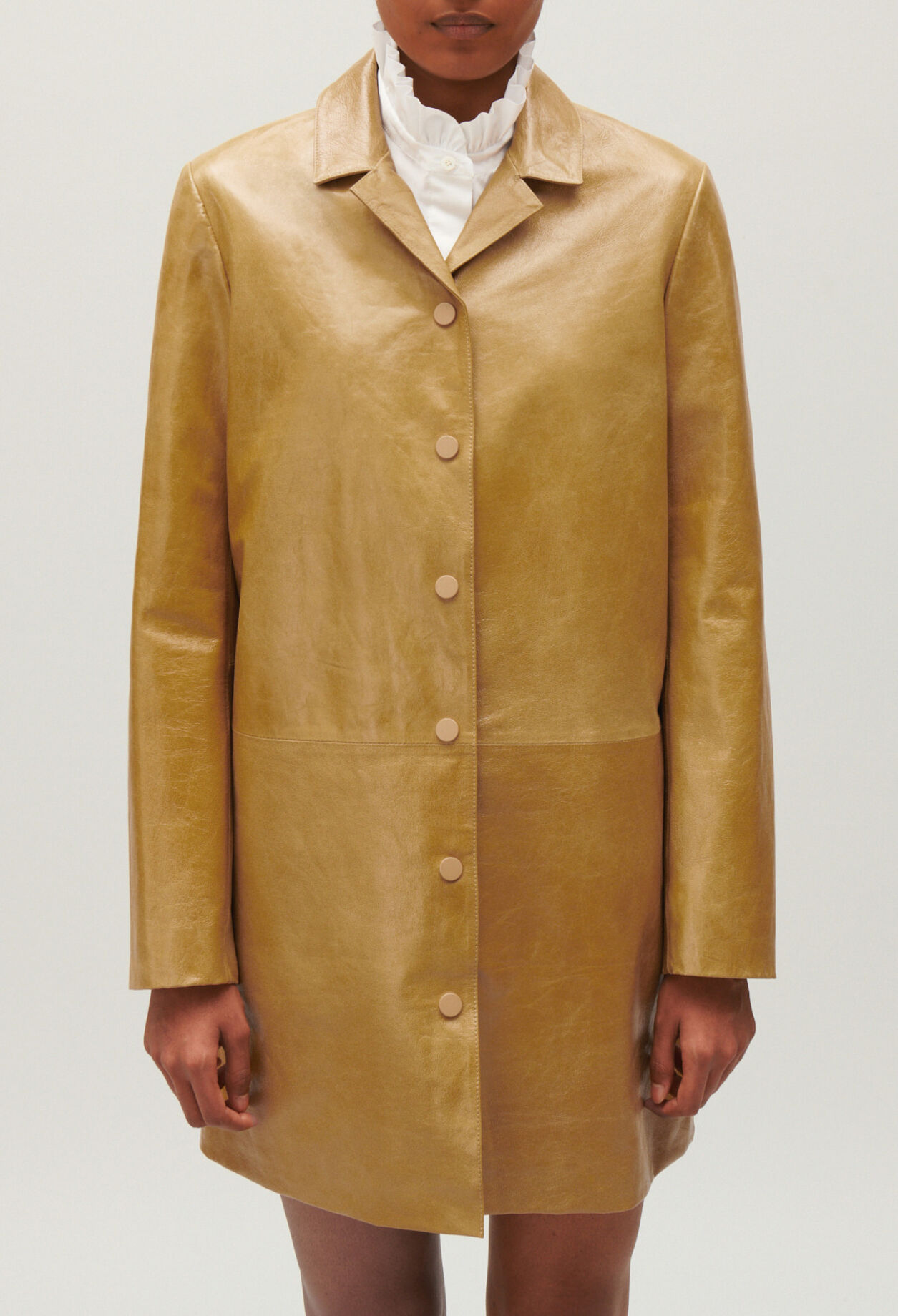 Ochre yellow long leather jacket