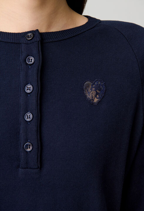 Navy Cotton Henley Top with Lace Heart