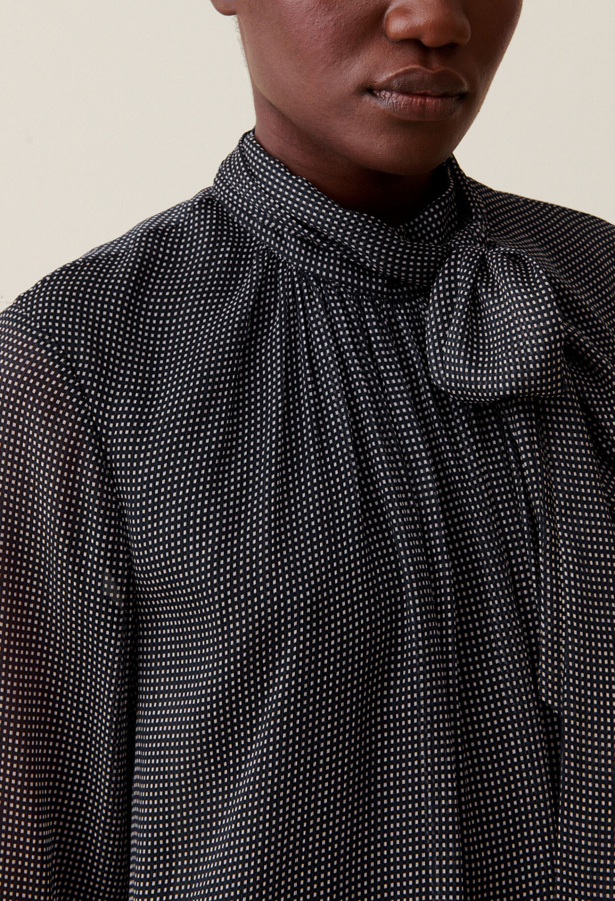 Fluid Check Tie-Neck Blouse