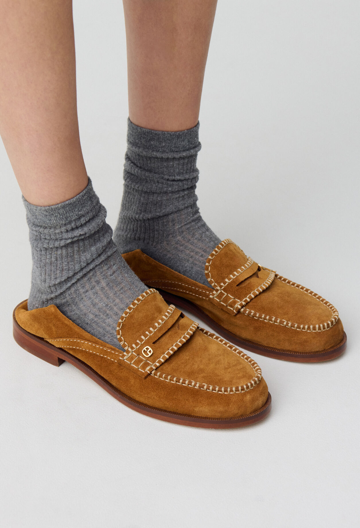 Suede mules with gold monogram for women 