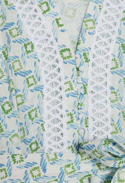 Robe imprimée bleue à galons de dentelle