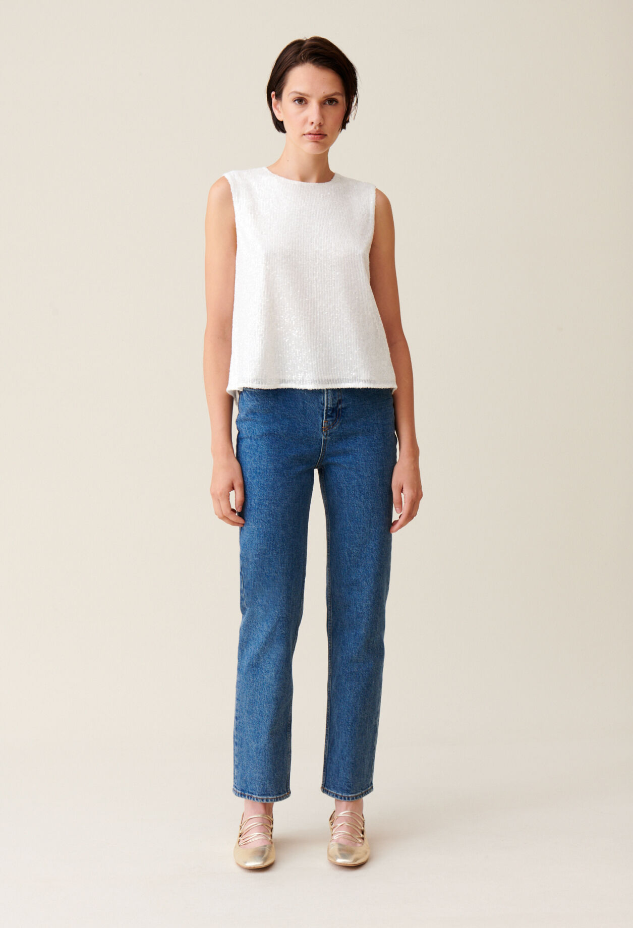 Off white sequinned sleeveless top