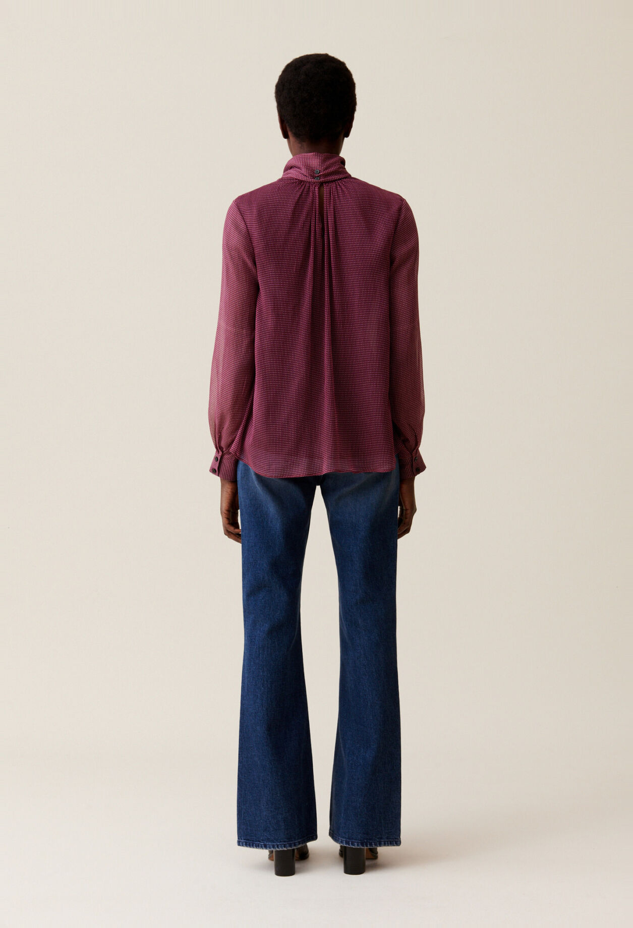 Fluid Check Tie-Neck Blouse