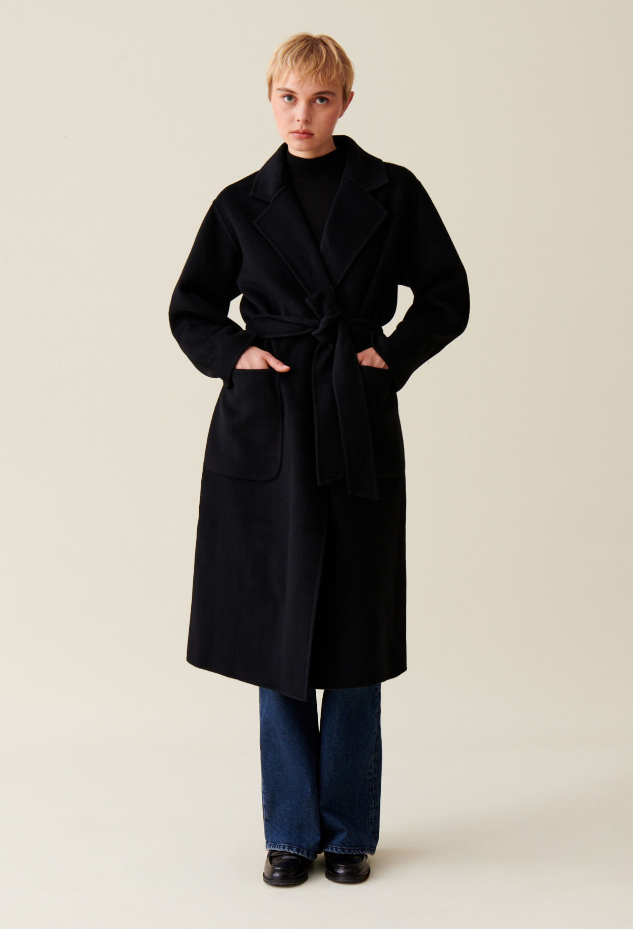 Long black belted wool coat on sale