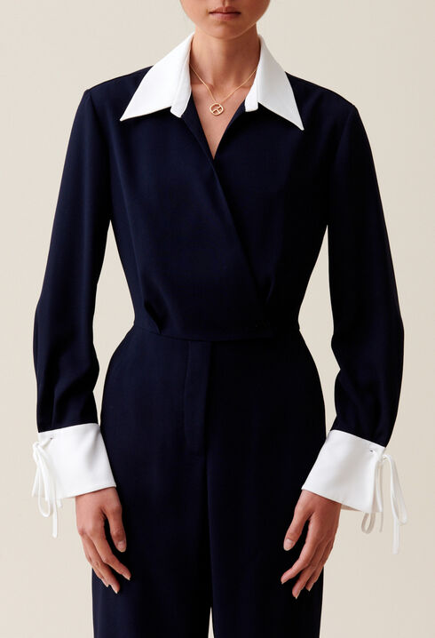 Navy dual-fabric jumpsuit