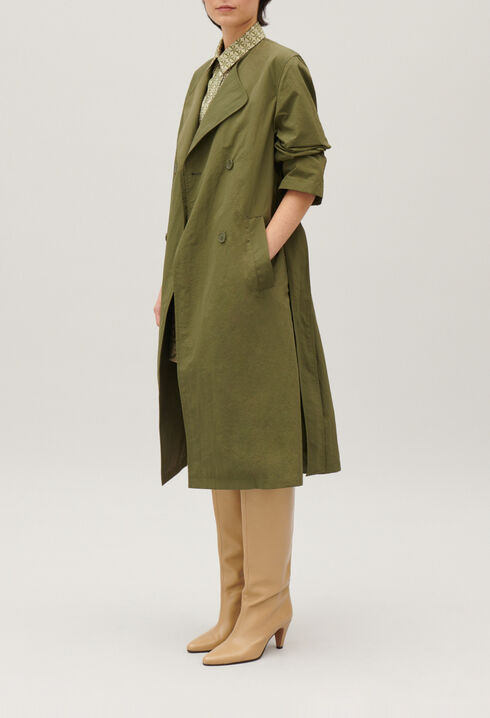 Khaki nylon mid-length trench coat