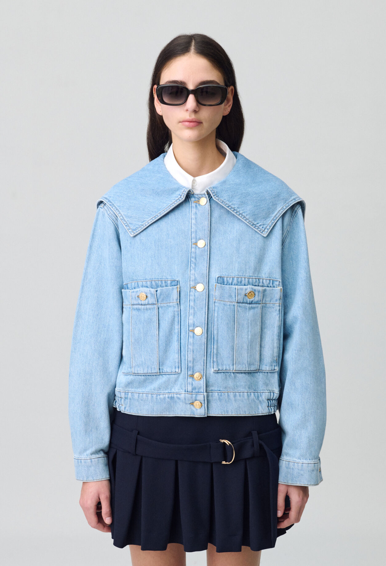 Denim jacket with wide collar