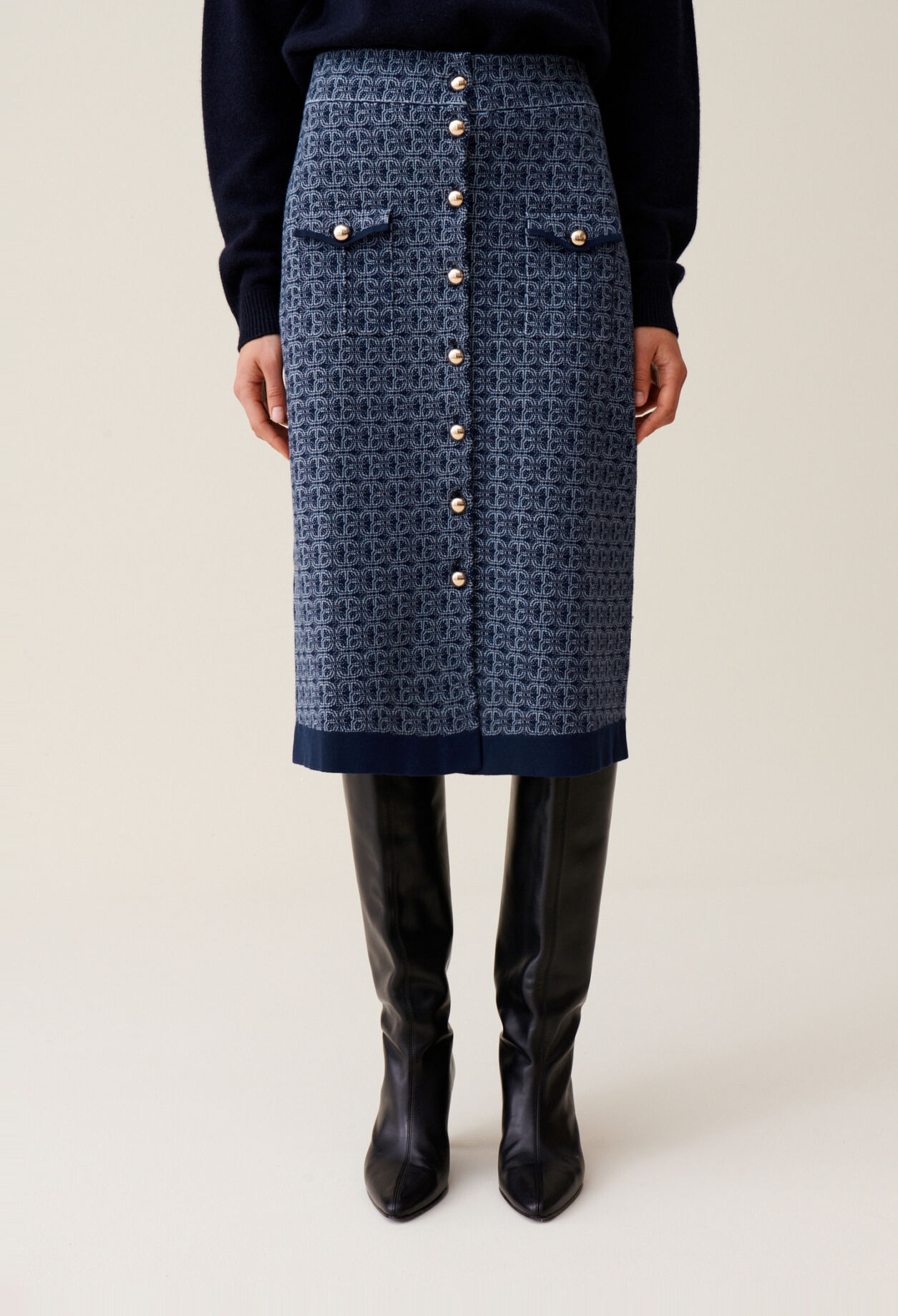 Navy high-waisted monogram skirt