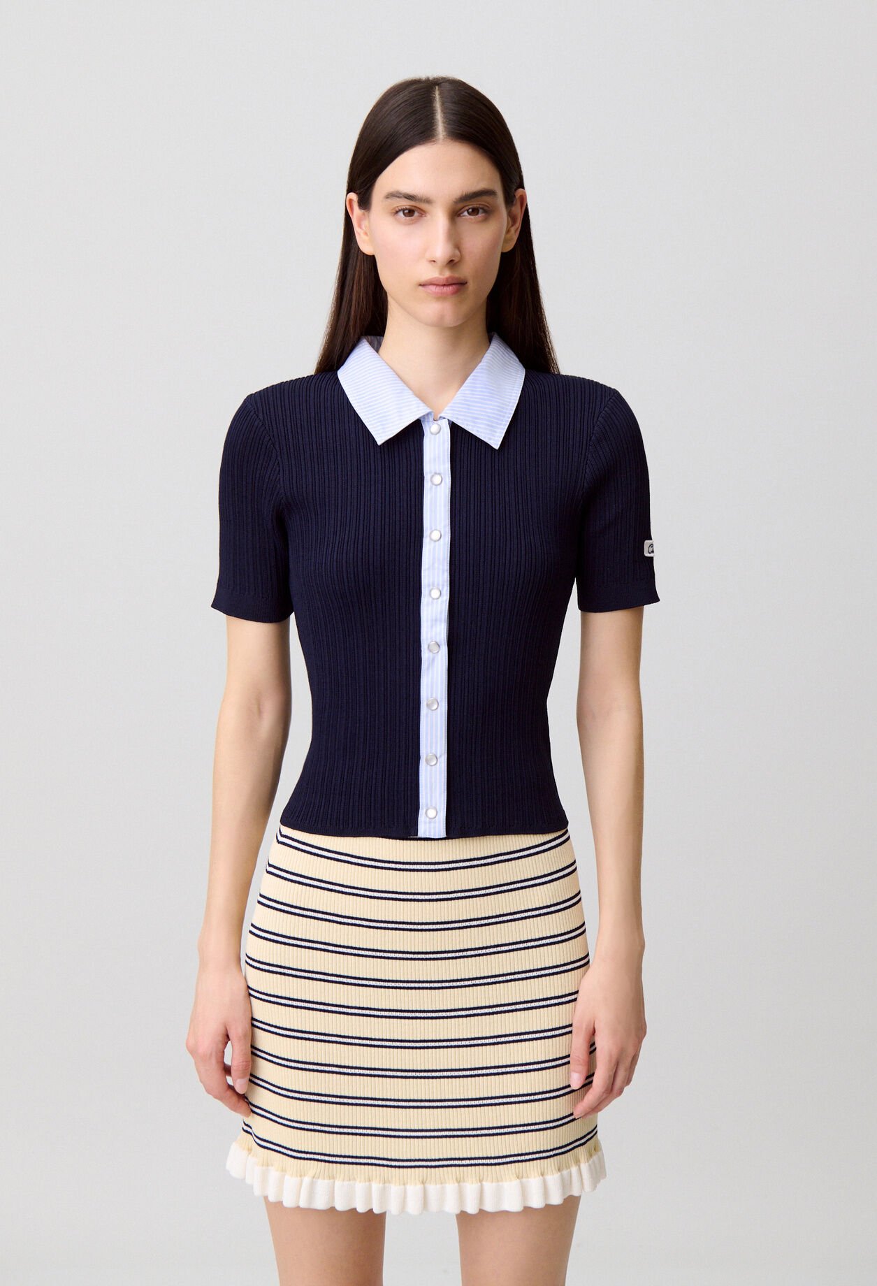 Striped bi-material cardigan