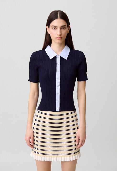 Striped bi-material cardigan