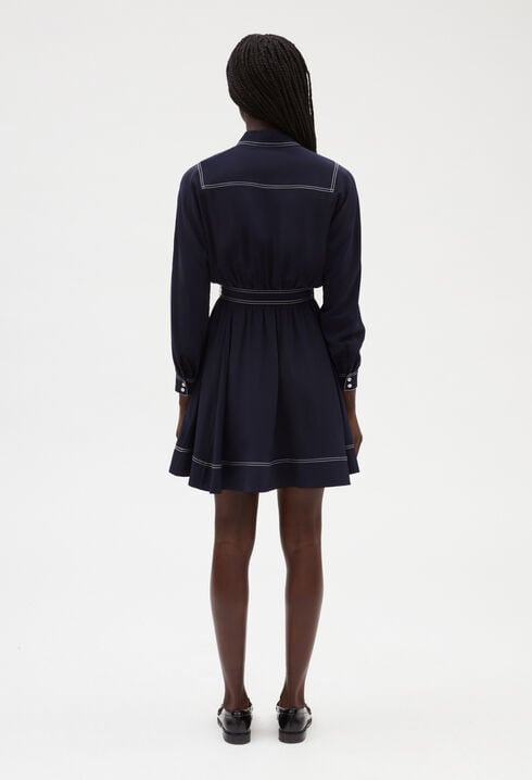 Blue silk long-sleeved short dress