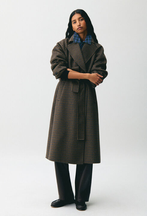 Mid-length checked belted coat