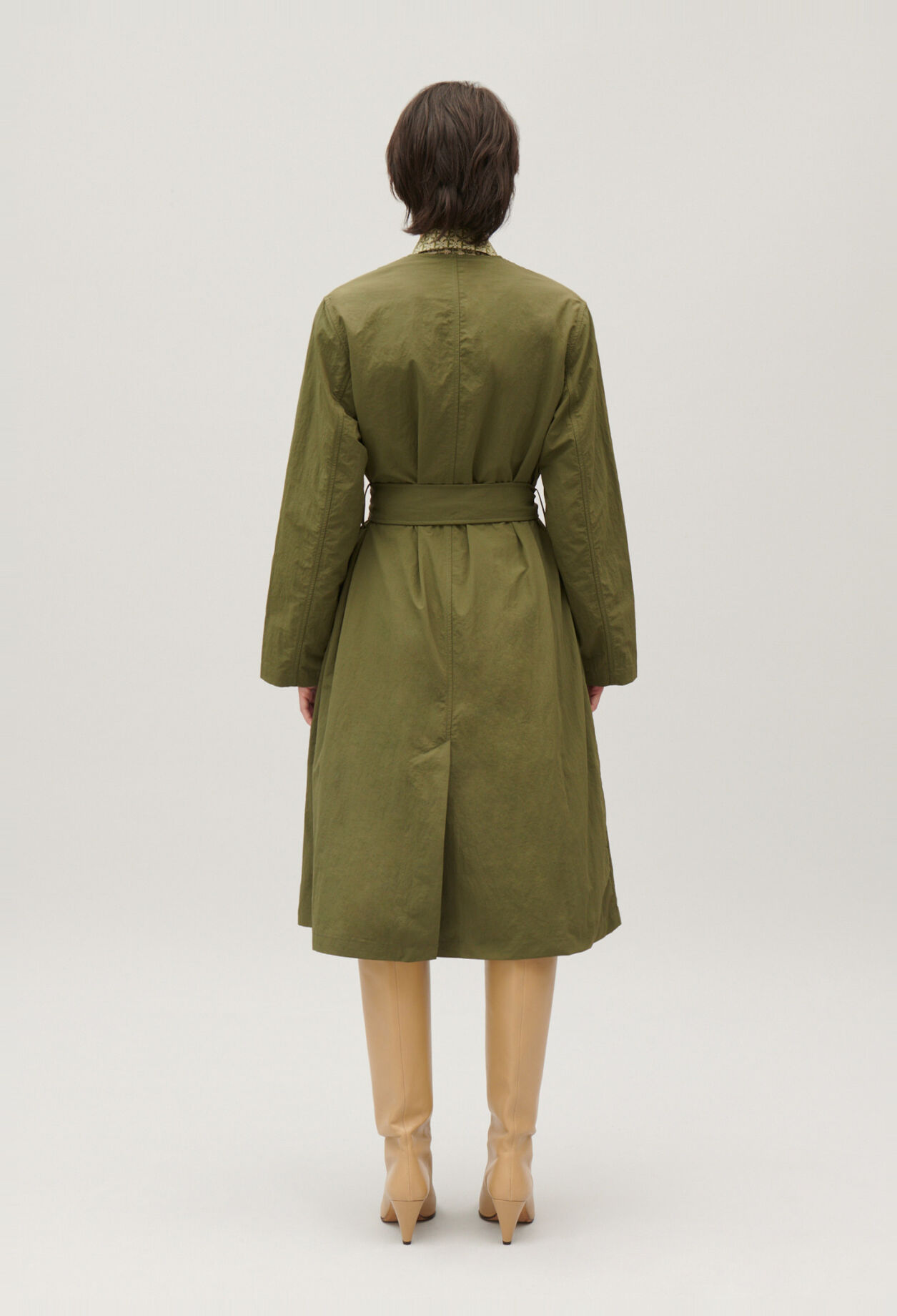 Khaki nylon mid-length trench coat