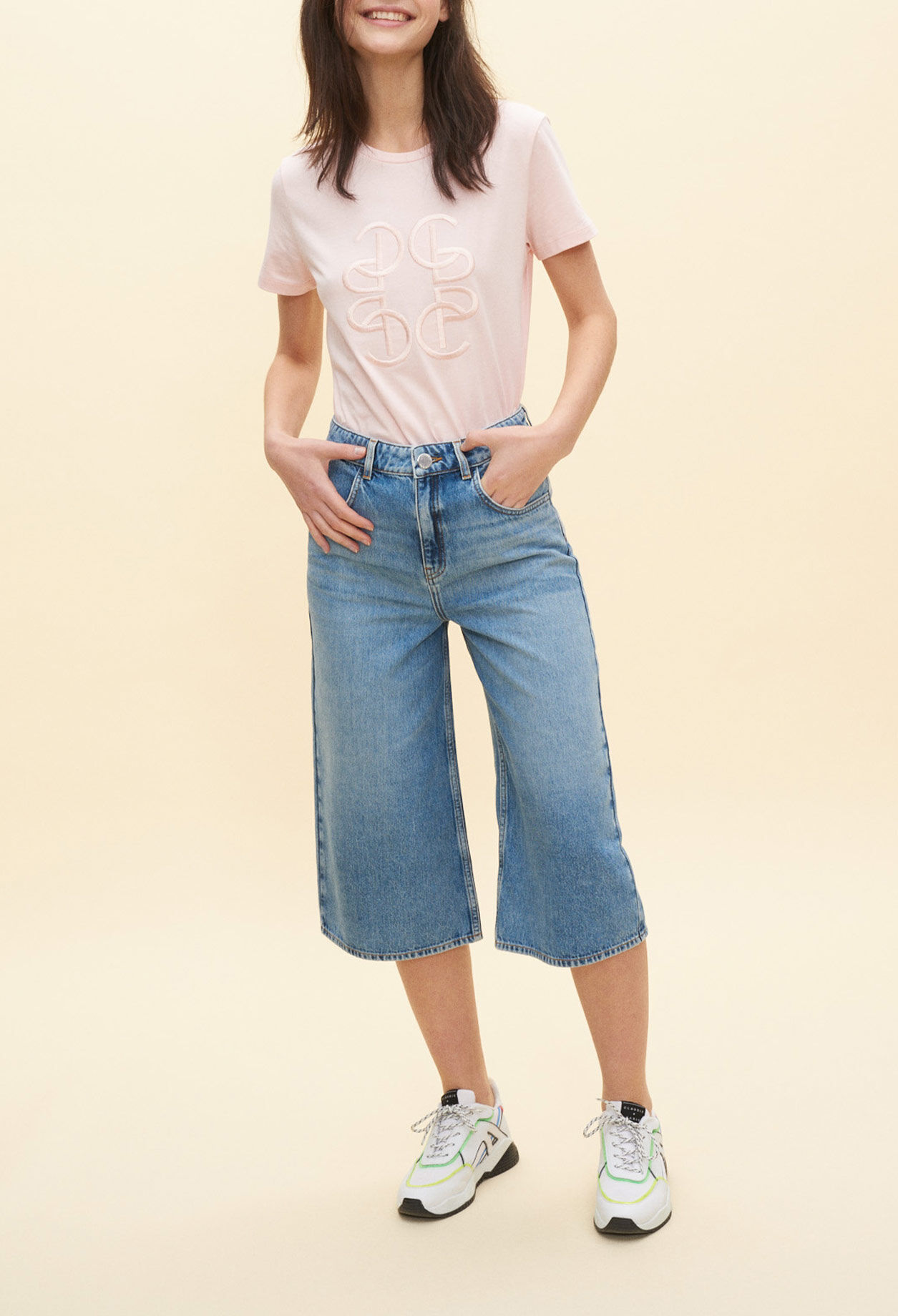 Flared denim Bermuda shorts