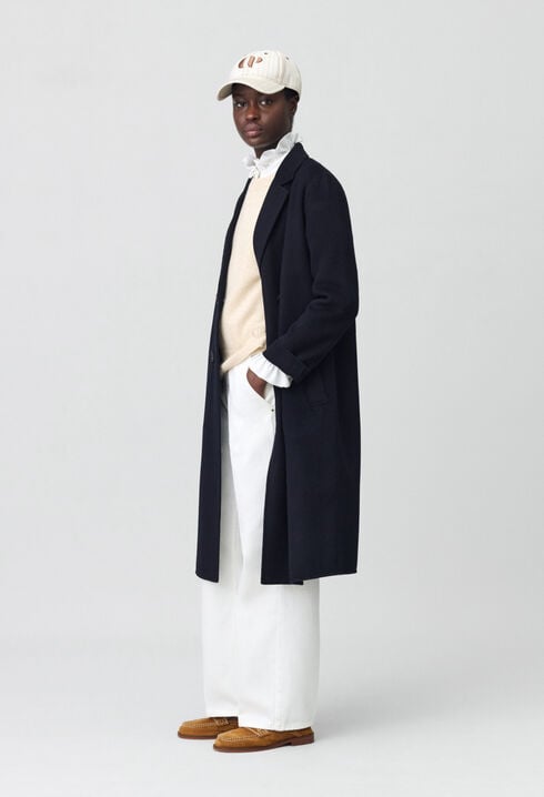 Navy blue mid-length wool coat