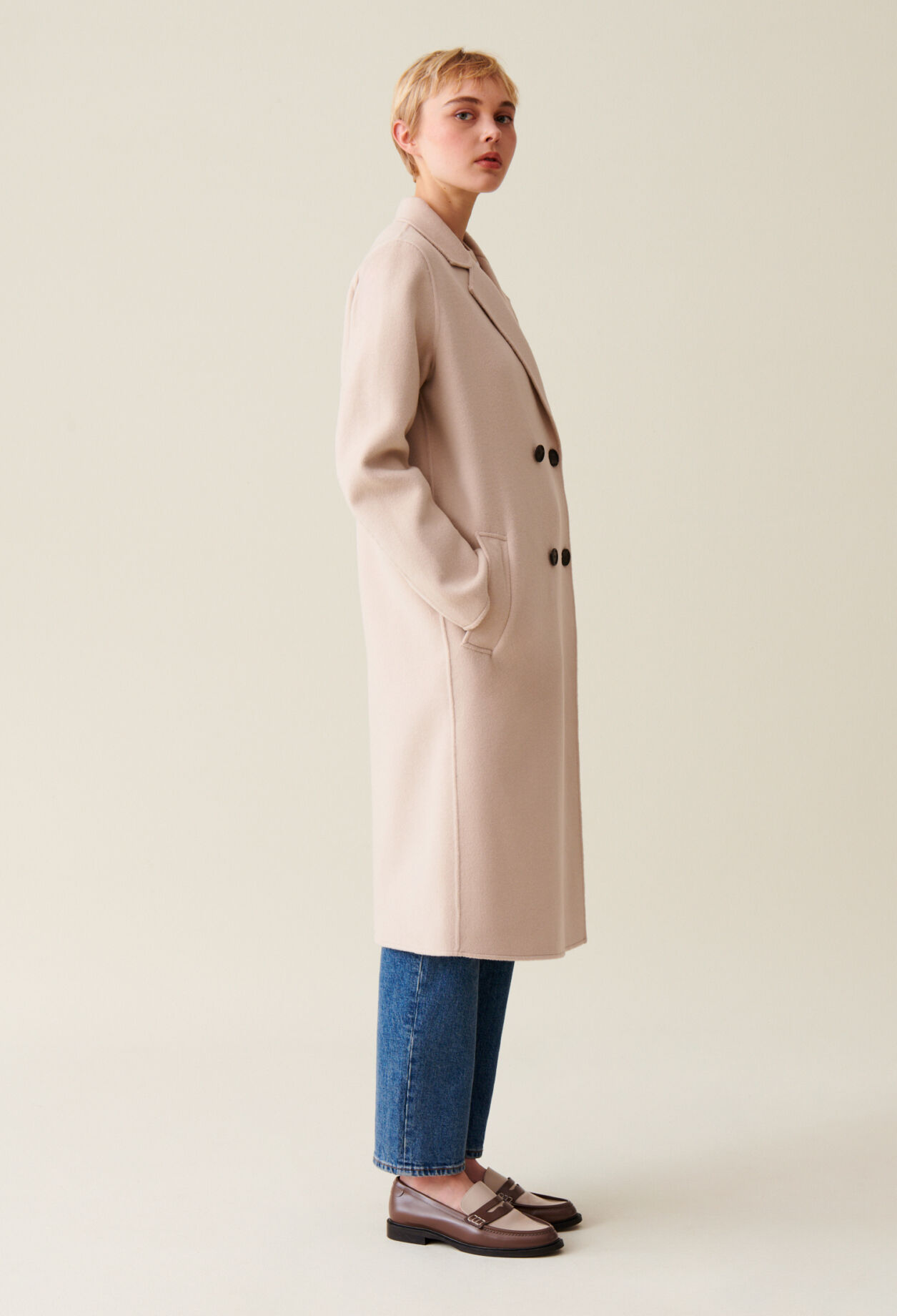 Mid length beige wool blend coat