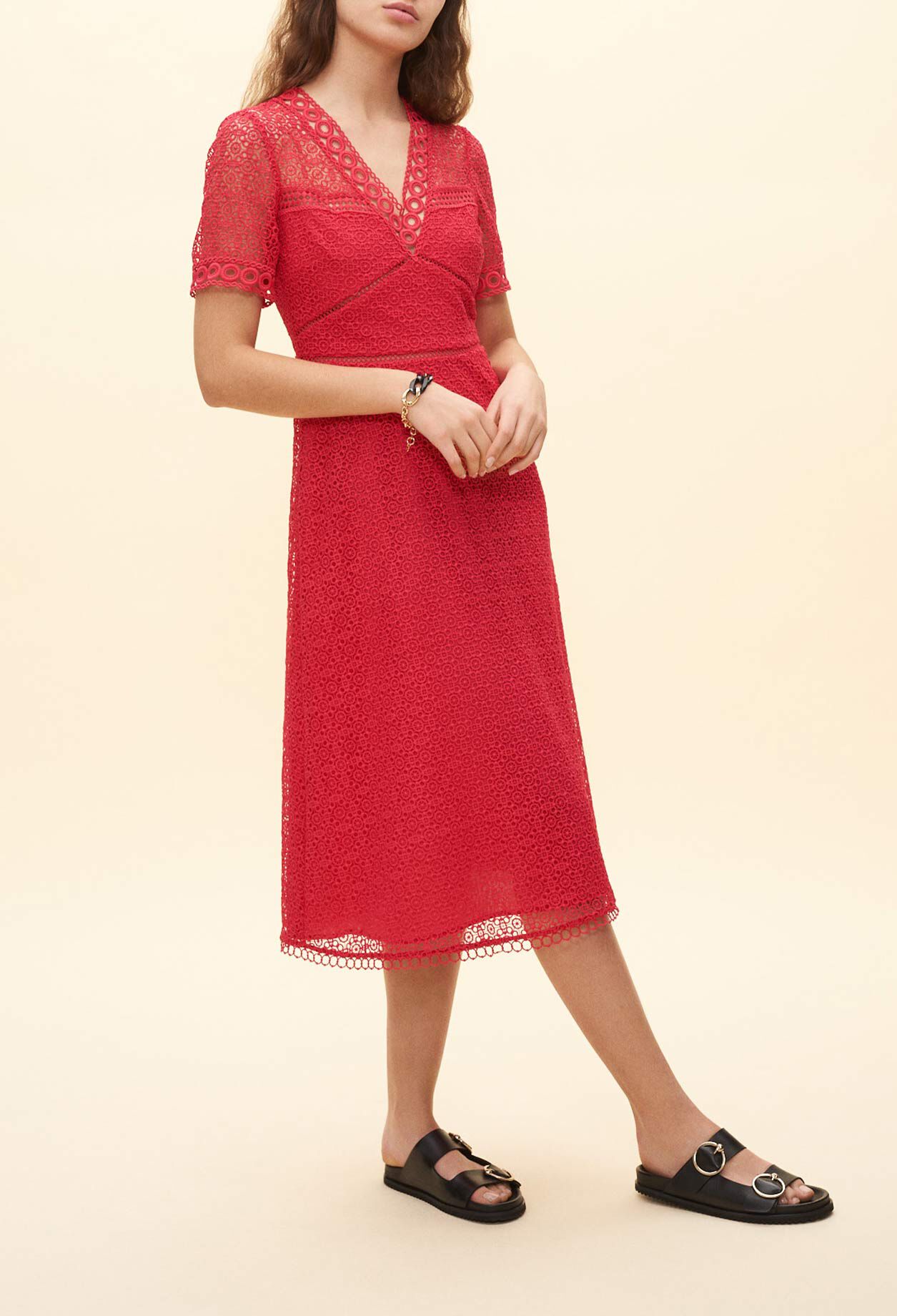 Long dress with red lace pattern