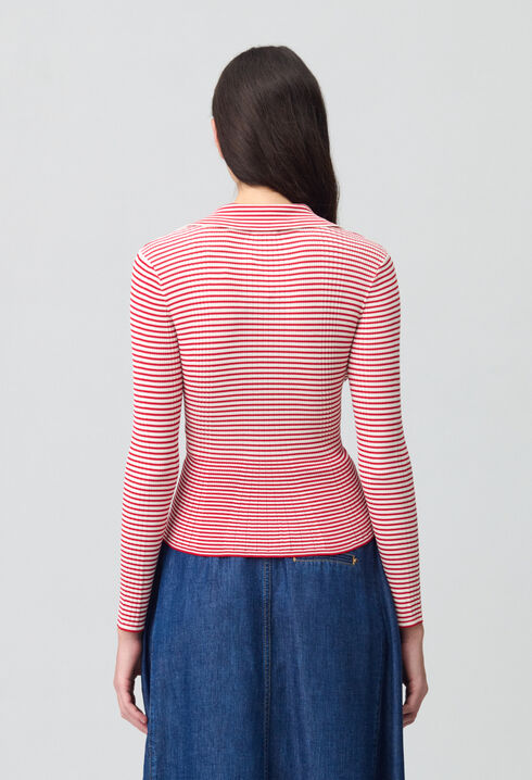 Striped frilled fine knit top