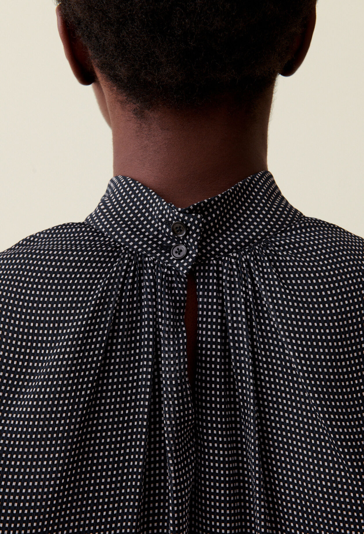 Fluid Check Tie-Neck Blouse