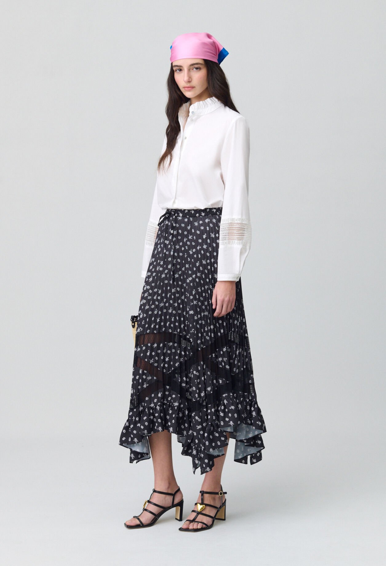 Asymmetric Floral Pleated Skirt