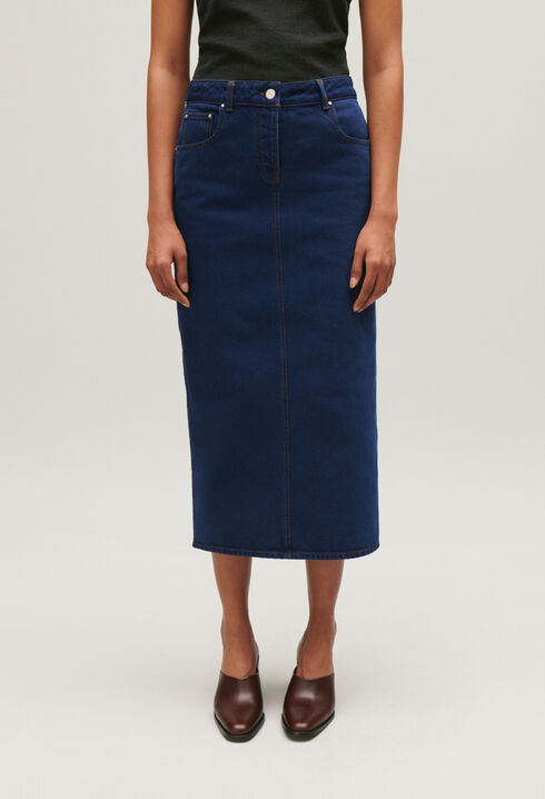 Blue denim midi skirt