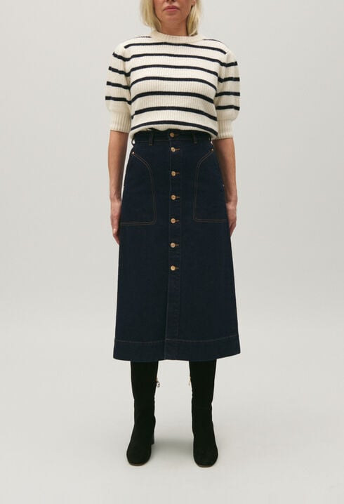 Blue denim midi skirt