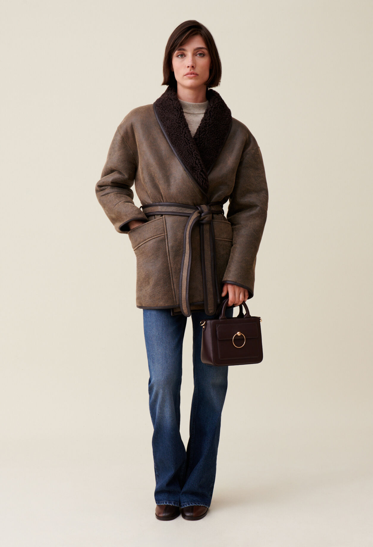Taupe belted shearling jacket