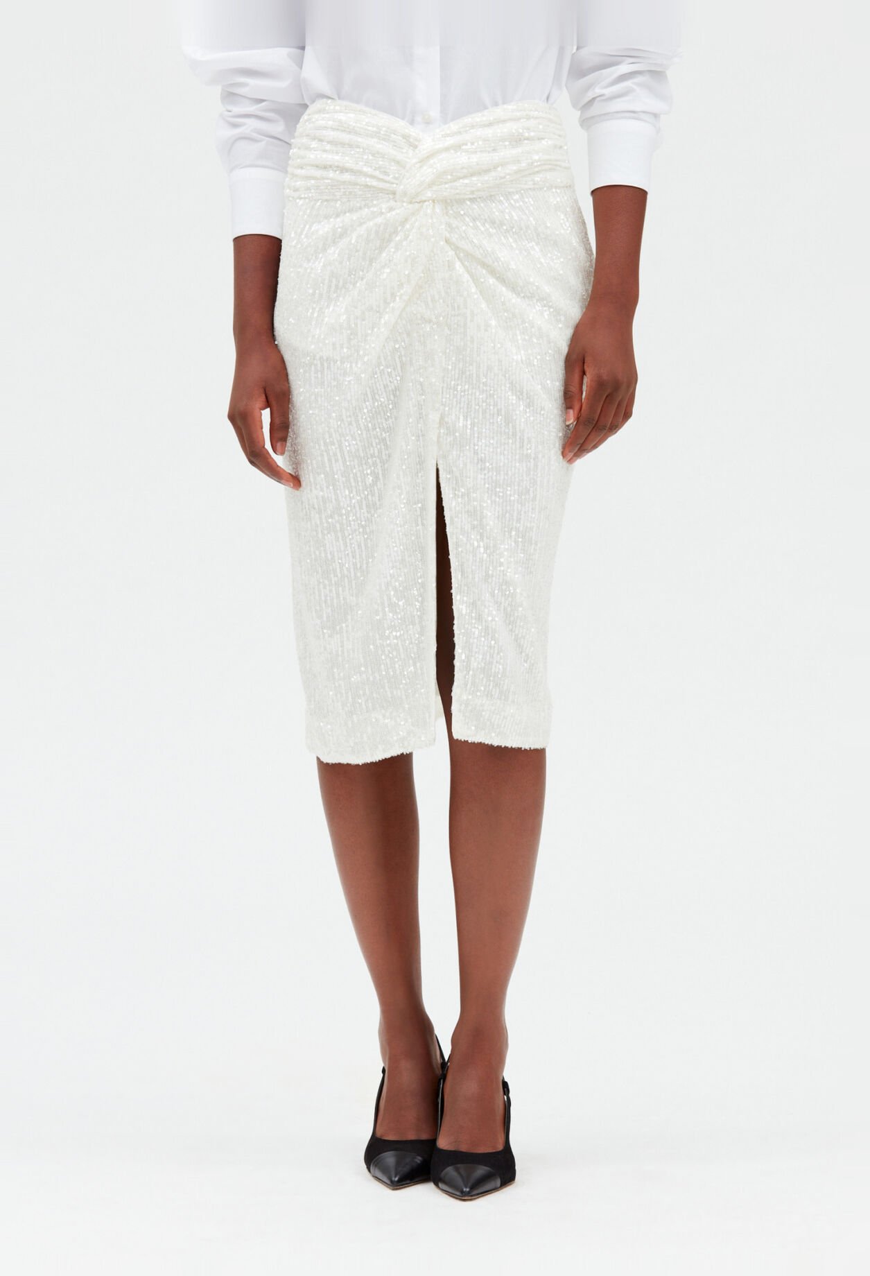 White sequinned mid-length skirt