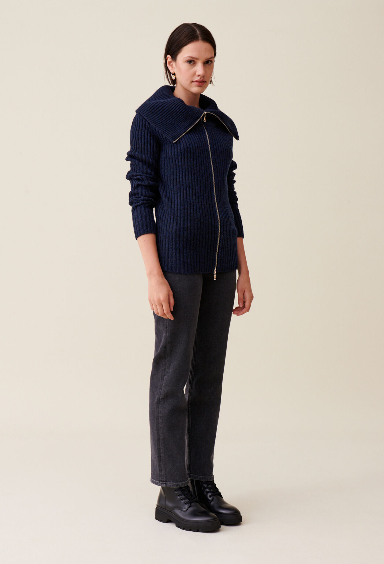 Zip-neck knitted jumper