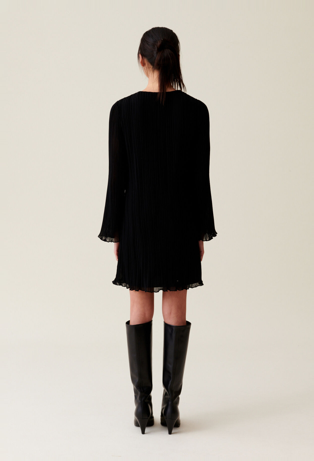 Pleated Short Dress, Long Sleeves